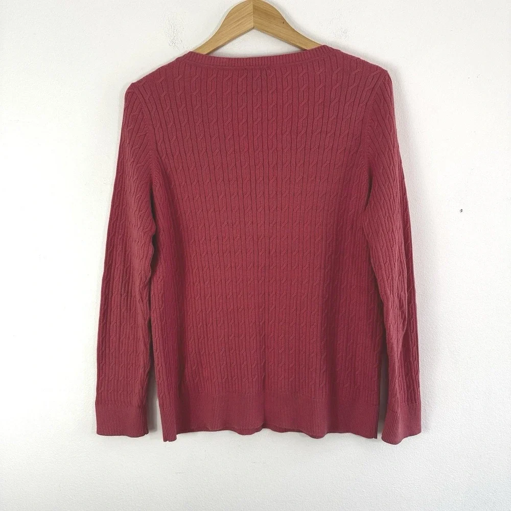 Talbots Woman Sweater Size 1X 100% Pima Cotton Pink V-Neck Pullover Cable‎ Knit